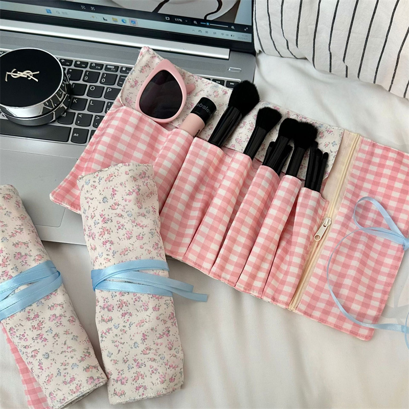 Beauty Bag Makeup - 꽃무늬 격자무늬 패브릭 메이크업 브러쉬 롤