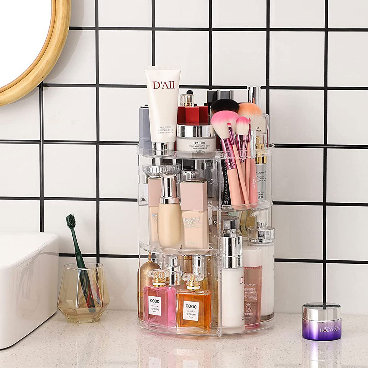 Beauty Makeup Desk - 360도 회전식 화장품 보관함(조절 가능한 선반
